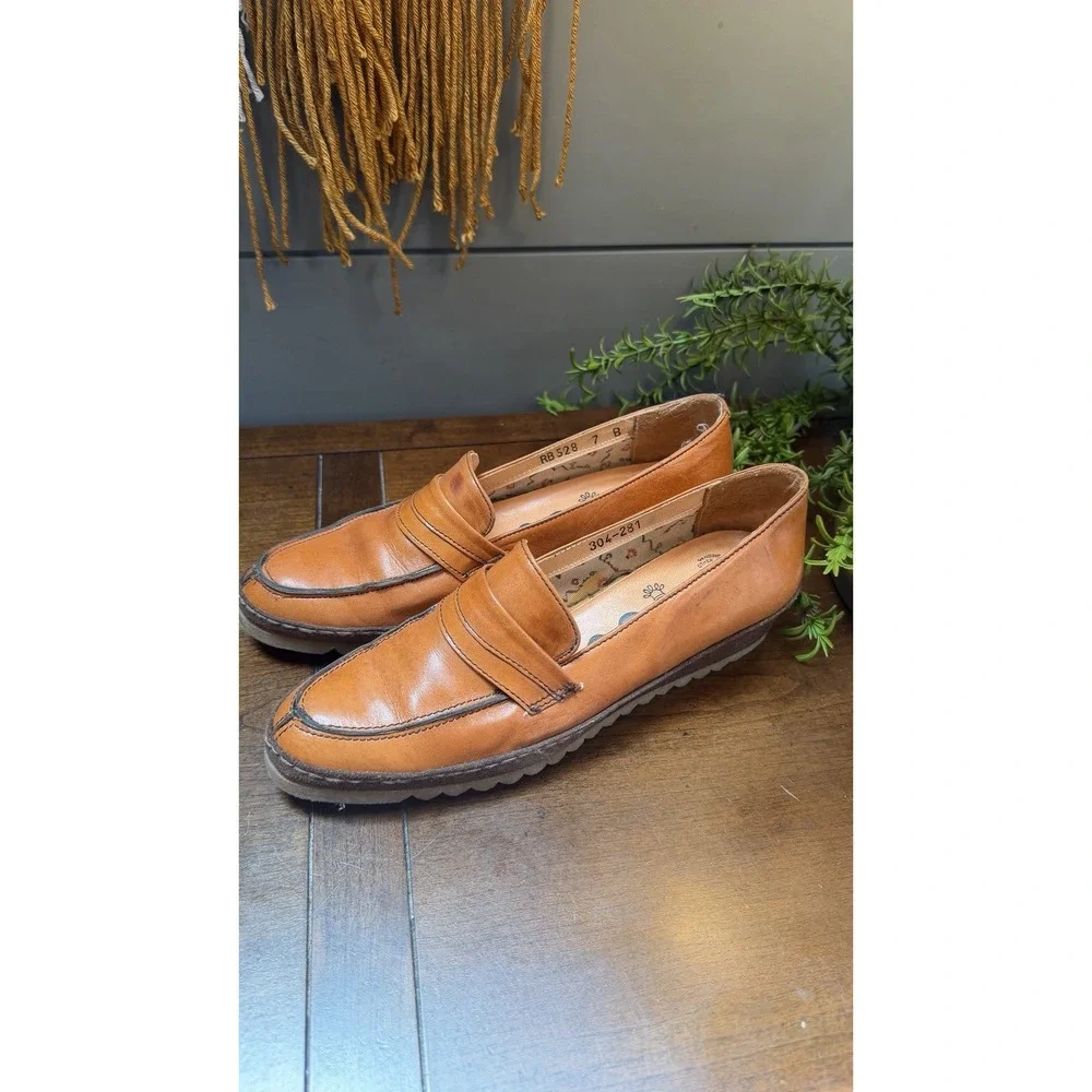 VTG Womens Nina Italian Orange Leather Loafers Wedge Shoes Slip on Size 7B Rb536
